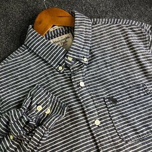 Abercrombie Fitch Shirt Mens Large Blue Linen Blend Muscle Striped Long Sleeve
